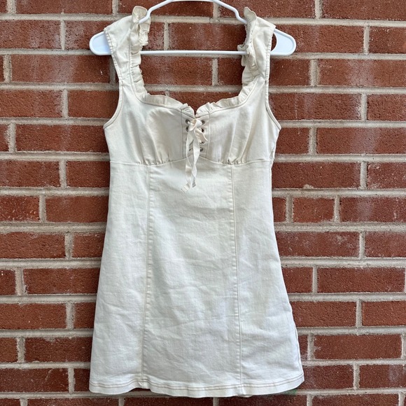 Urban Outfitters Dresses & Skirts - Urban Outfitters Ruffle Strap Dress Lace‎ Up Beige Mini Dress Medium